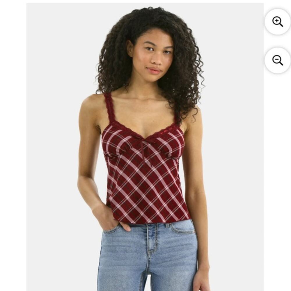 No Boundaries Woven Lace Plaid Cami,‎ Women’s Small Red Plaid NWT